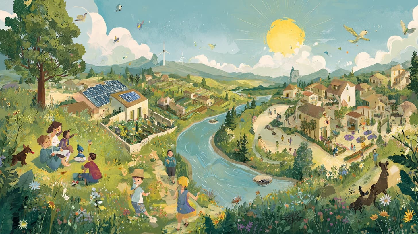 An illustrated utopian future: a sunny day, lush green meadow with wildflowers, a family relaxing under a tree with a dog, children playing on a path, a small house with solar panels and a vegetable garden, a river winding through the valley, a stone village on a hillside, wind turbines on the distant mountains, birds and butterflies in the sky. Children's-storybook watercolor illustration — what AI built differently could look like at human scale.