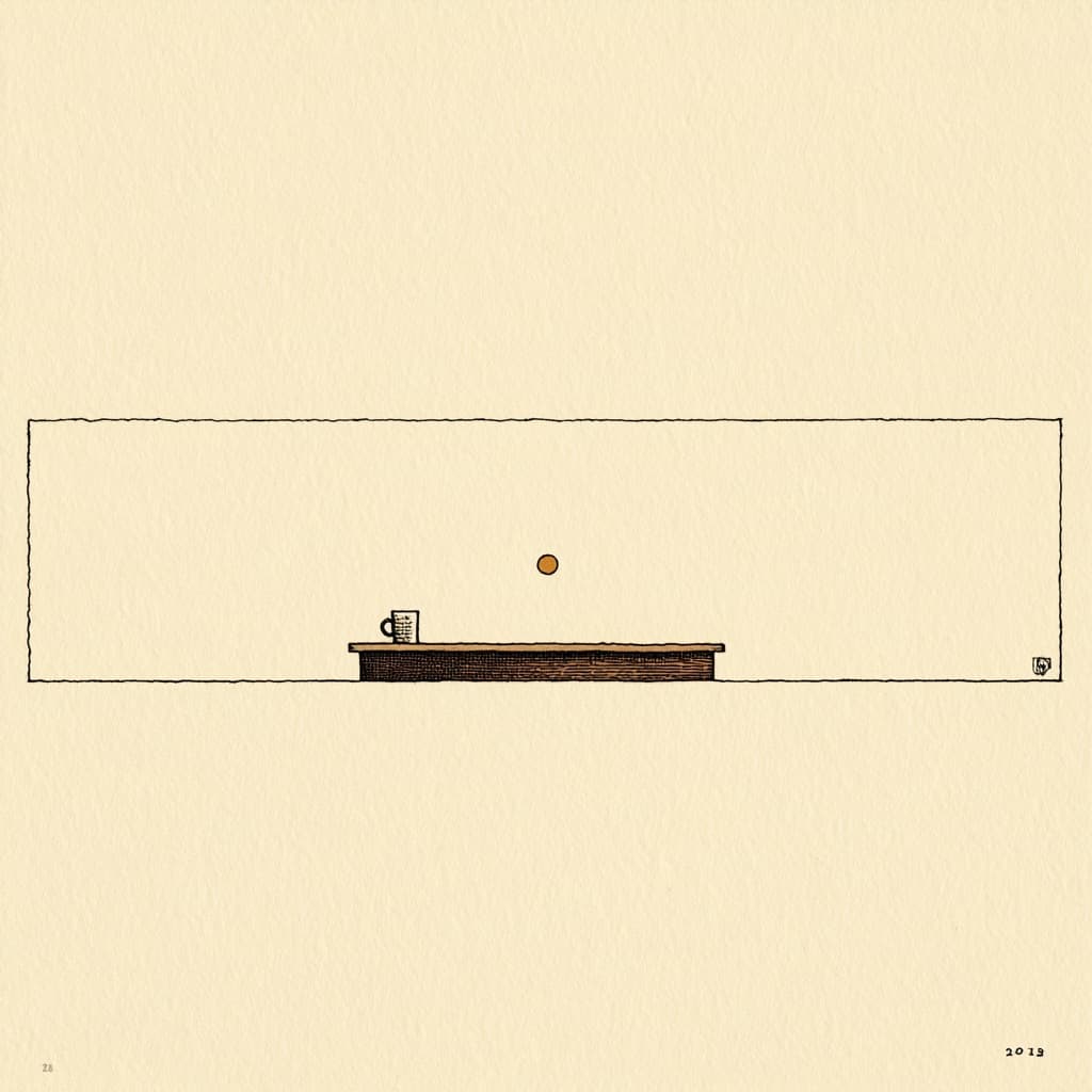 A minimalist editorial cartoon. A wooden bar surface fills the lower foreground with a single ceramic coffee mug resting on it. Above, a single warm amber dot — the bar light. The cartoon is framed by a thin ink-line border on cream paper. Pen-and-ink in the tradition of Tom Gauld.